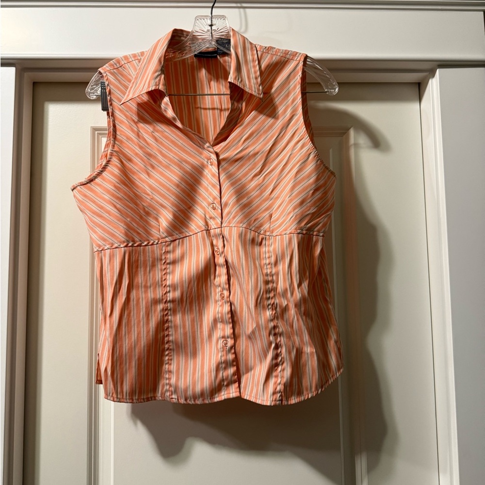 Sleeveless Orange Striped Button-Down Shirt